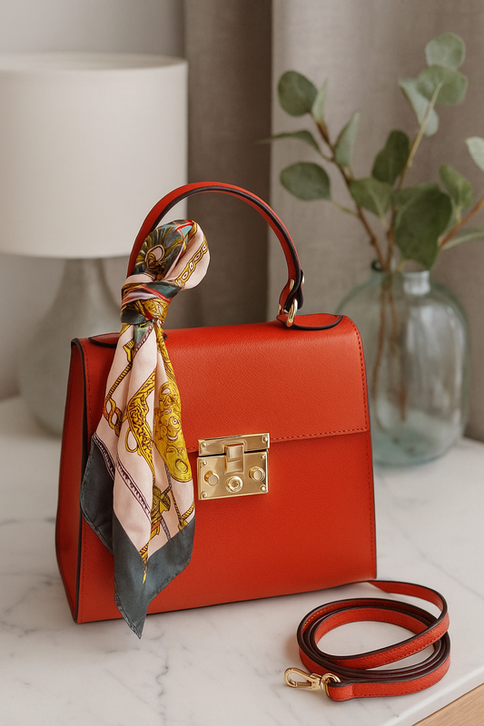 Bella mini tote en rojo coral intenso, cartera de cuero italiana autentica, fabricación en florencia.