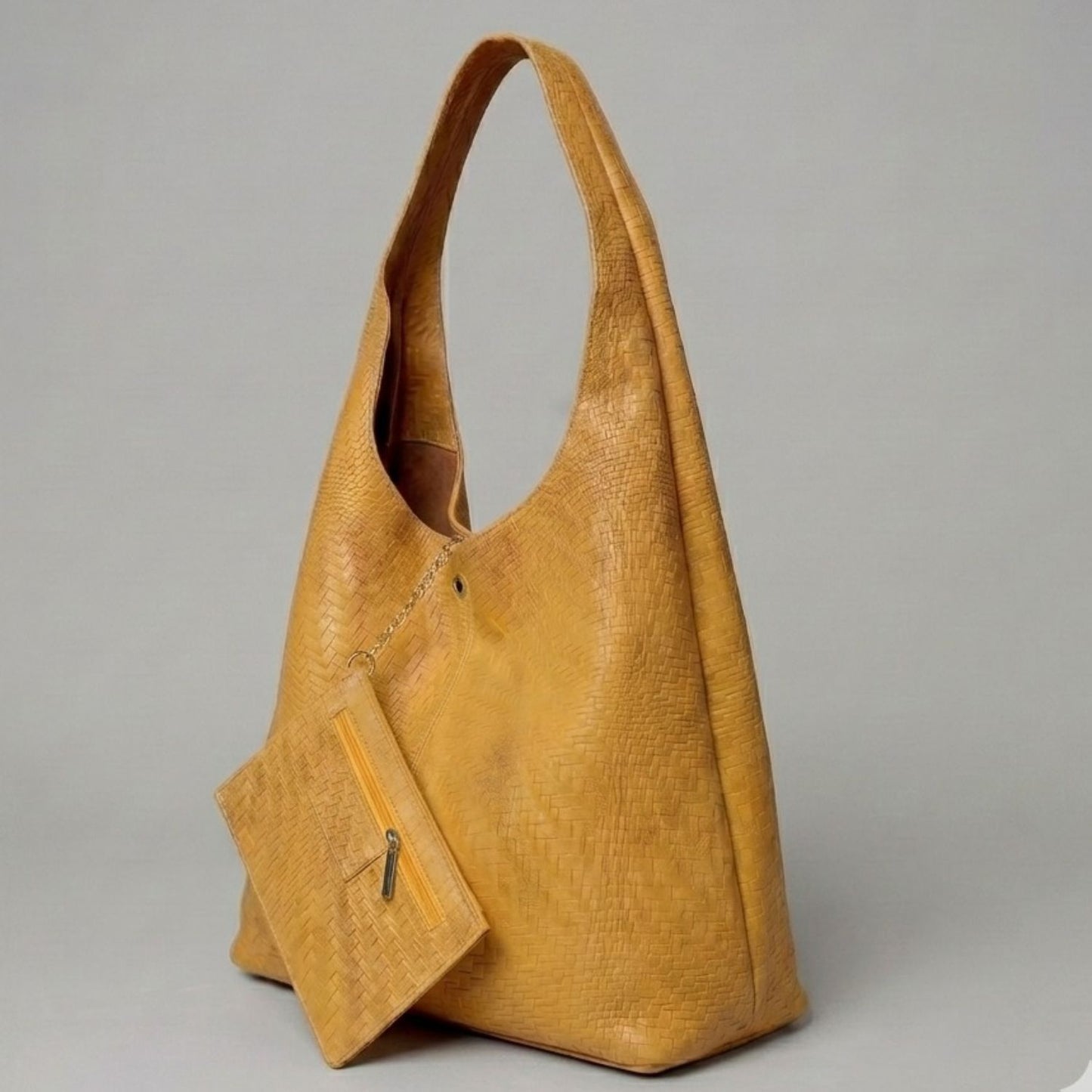 Shopper Mostaza Texturizado: Bolso de Cuero Italiano con Neceser | Rita Firenze