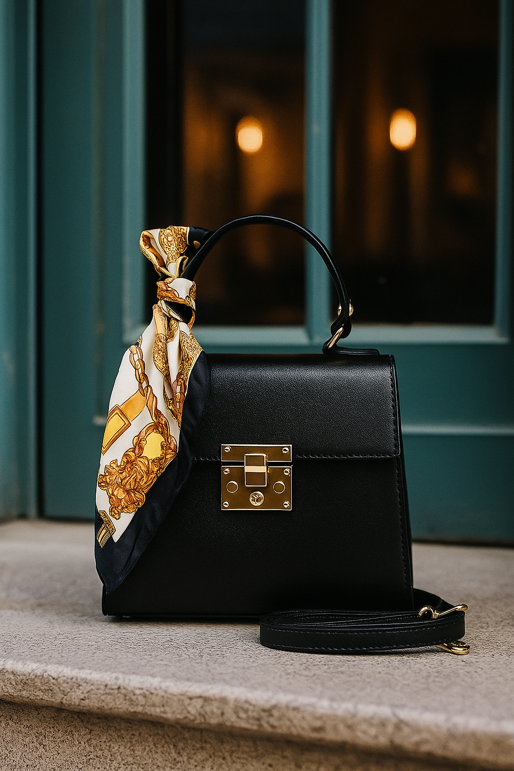 Mini Tote de cuero italiano negro con pañuelo dorado y cierre metálico