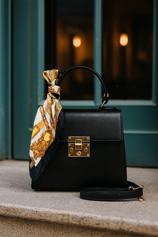 Mini Tote de cuero italiano negro con pañuelo dorado y cierre metálico