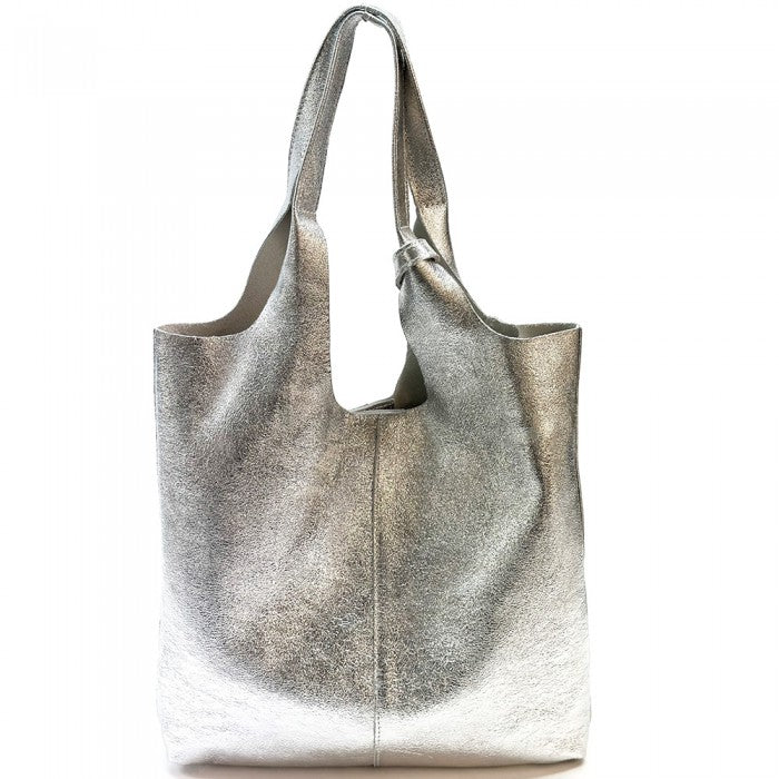 "Cartera Santa Cleopatra en cuero italiano color plata de Rita Firenze, bolso elegante hecho en Florencia"
