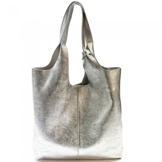 "Cartera Santa Cleopatra en cuero italiano color plata de Rita Firenze, bolso elegante hecho en Florencia"