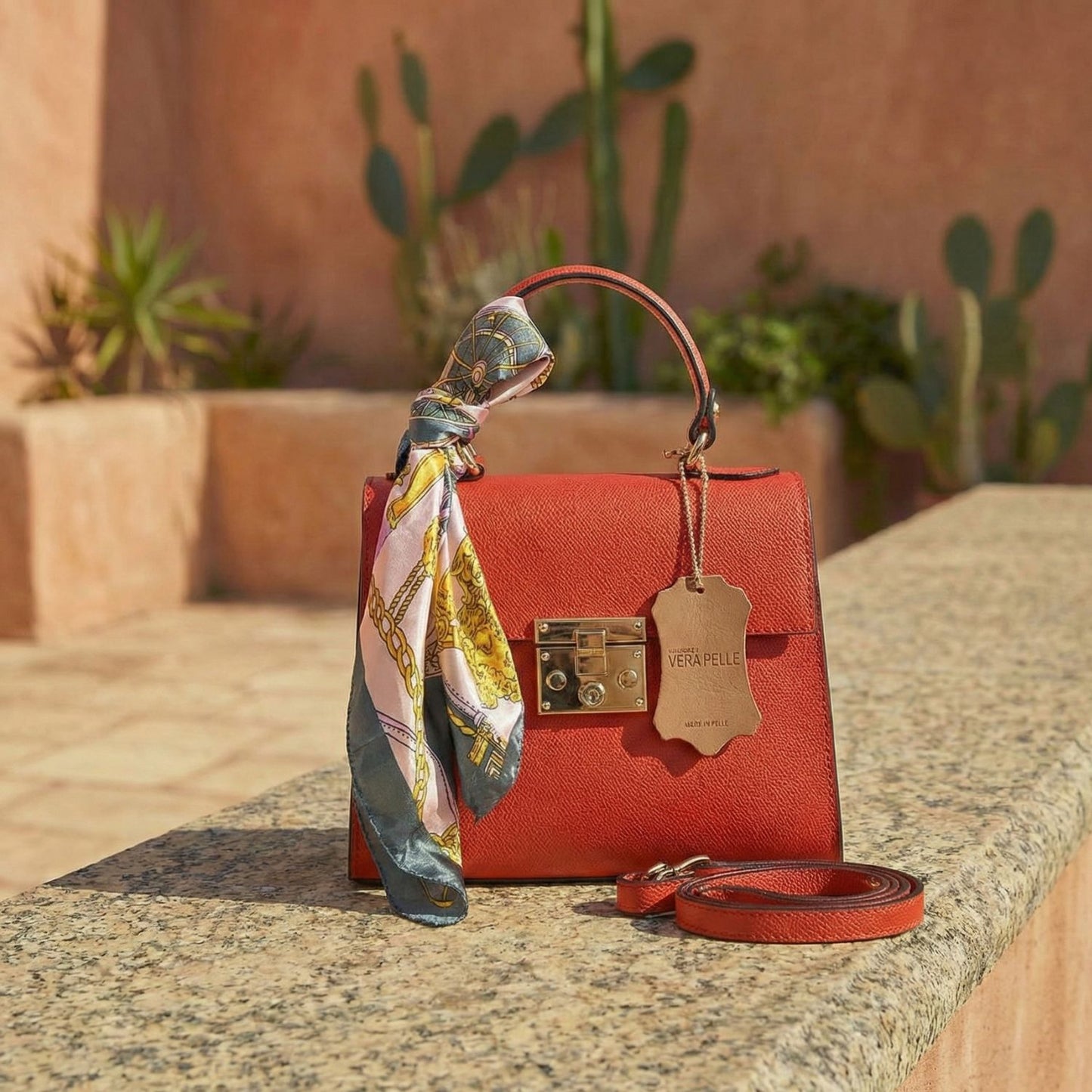 Bolso mini tote rojo coral posado sobre piedra natural mostrando correa y estructura rígida