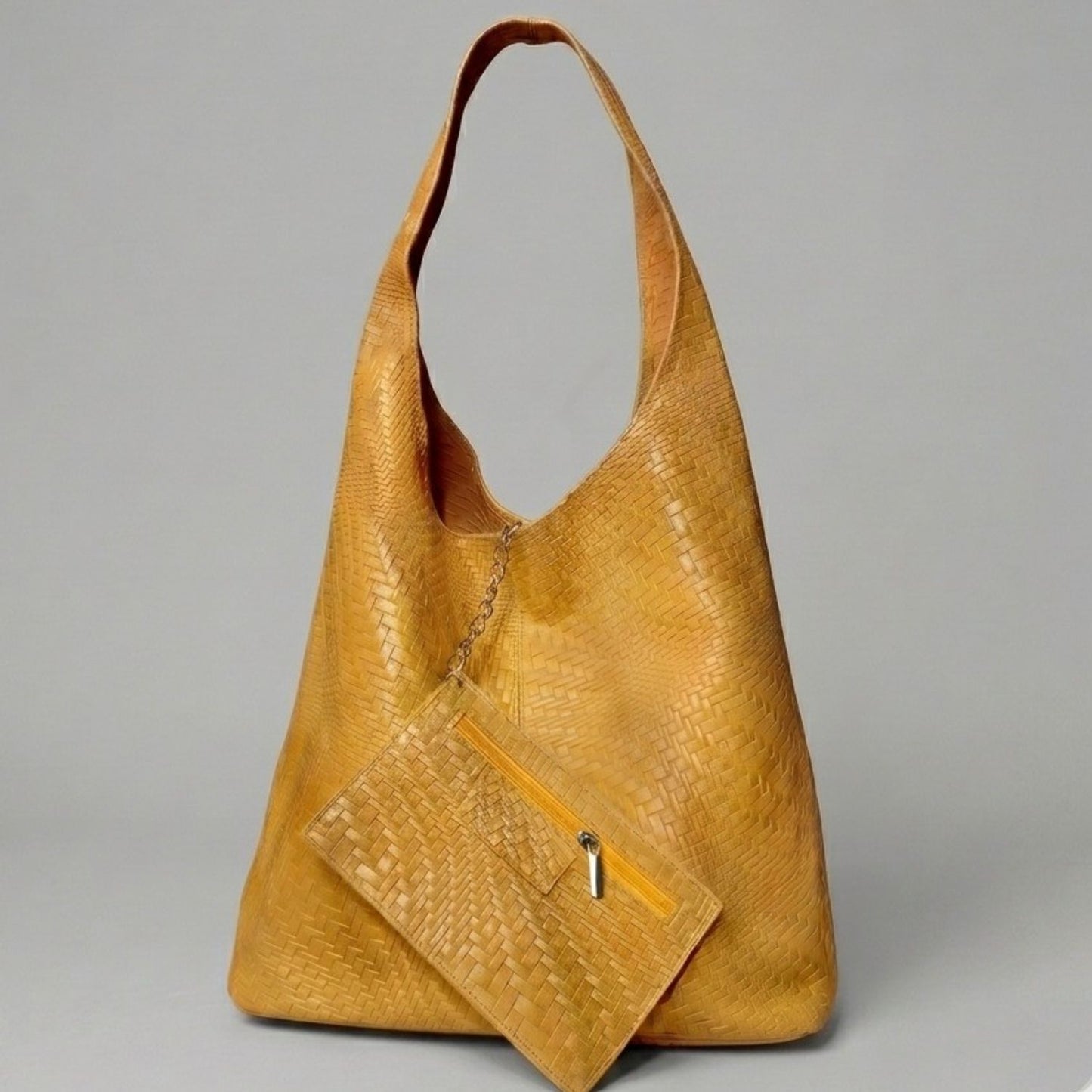 Shopper Mostaza Texturizado: Bolso de Cuero Italiano con Neceser | Rita Firenze