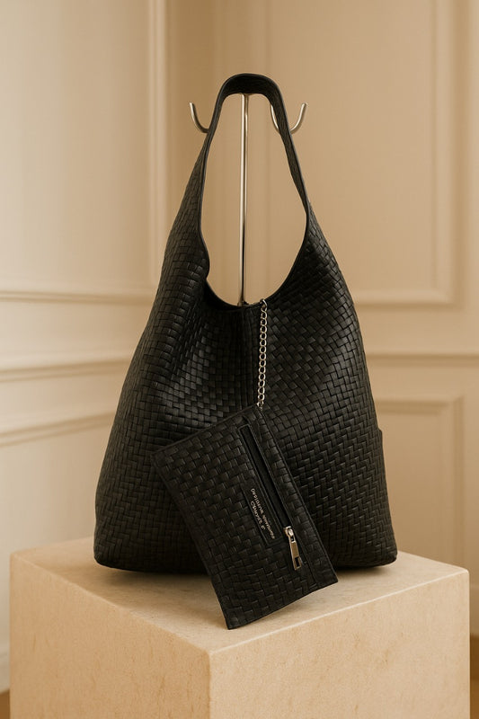 Bolso de cuero italiano negro modelo Ciara con estampado tejido y monedero incluido