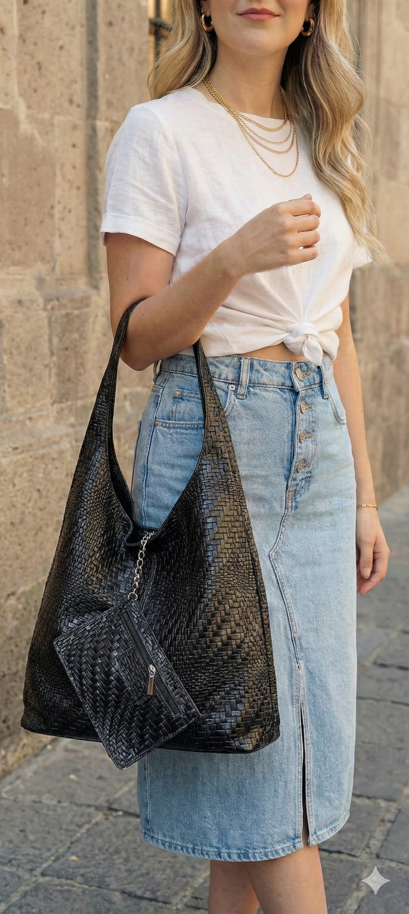 Shopper Negro Texturizado: Bolso Hobo de Cuero con Neceser | Rita Firenze