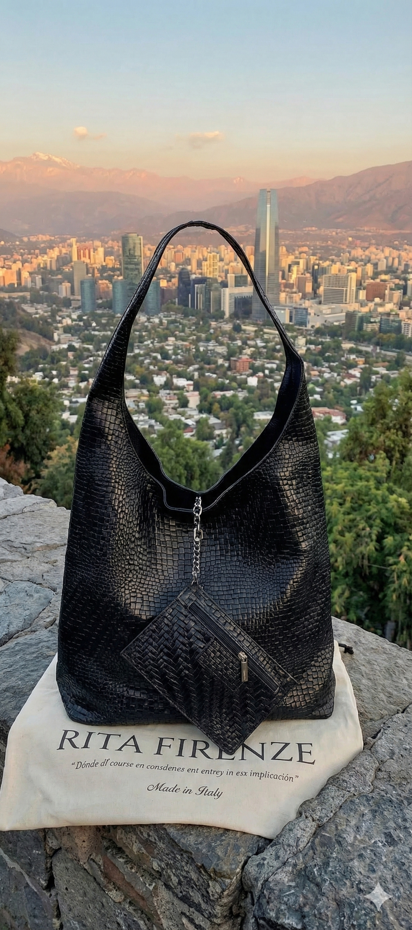 Shopper Negro Texturizado: Bolso Hobo de Cuero con Neceser | Rita Firenze