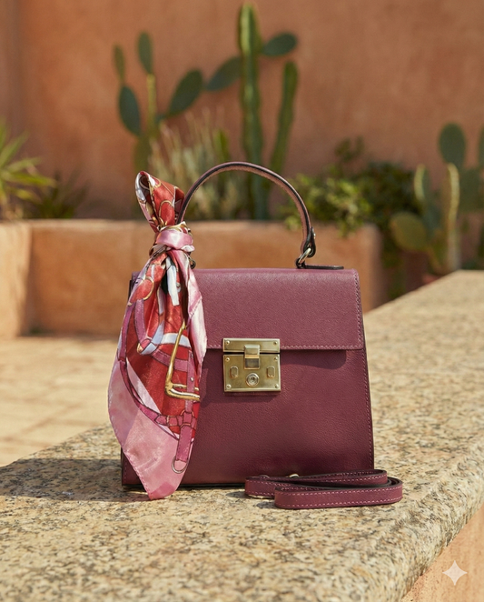 Mini Tote de cuero color terracota rosé con pañuelo de seda - Rita Firenze.