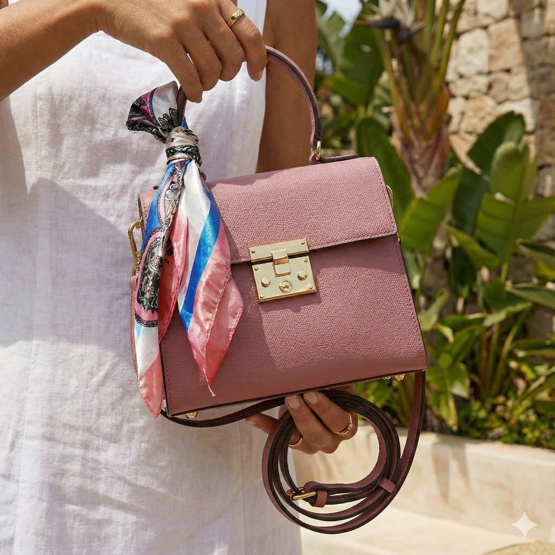 Mini Tote de cuero color terracota rosé con pañuelo de seda - Rita Firenze.