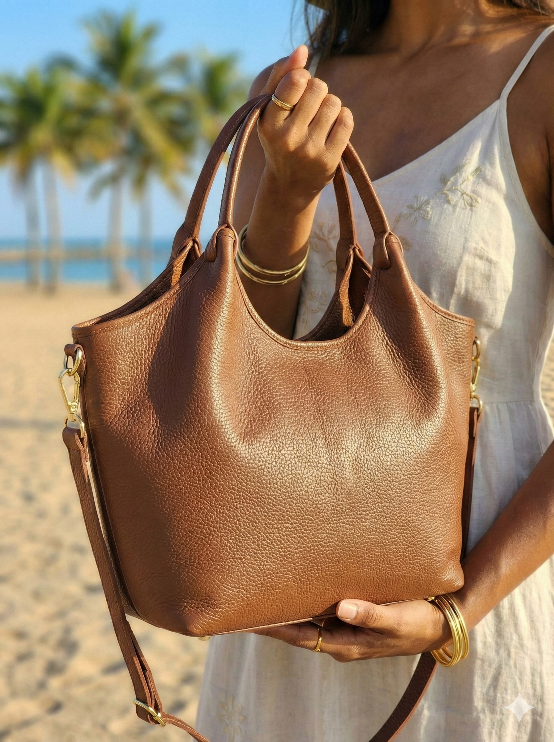 Mujer usando bolso tote de cuero italiano color caramel Vittoria - Rita Firenze