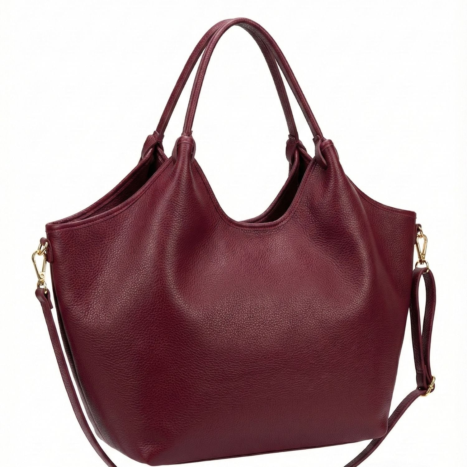 Bolso tote Vittoria de cuero genuino color burdeo aislado sobre fondo blanco para catálogo