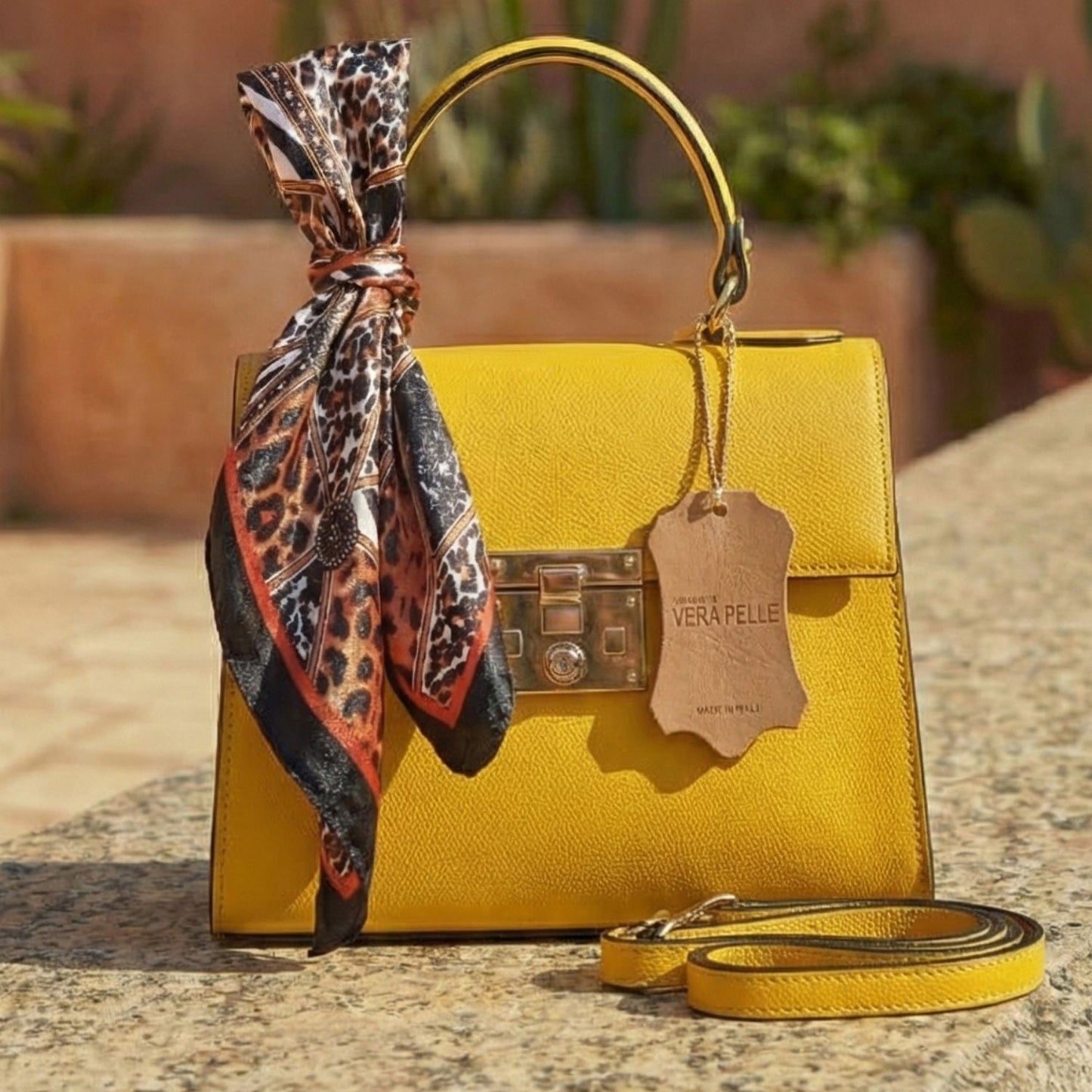 Bolso de cuero italiano color amarillo mostaza real posado sobre piedra con correa y pañuelo