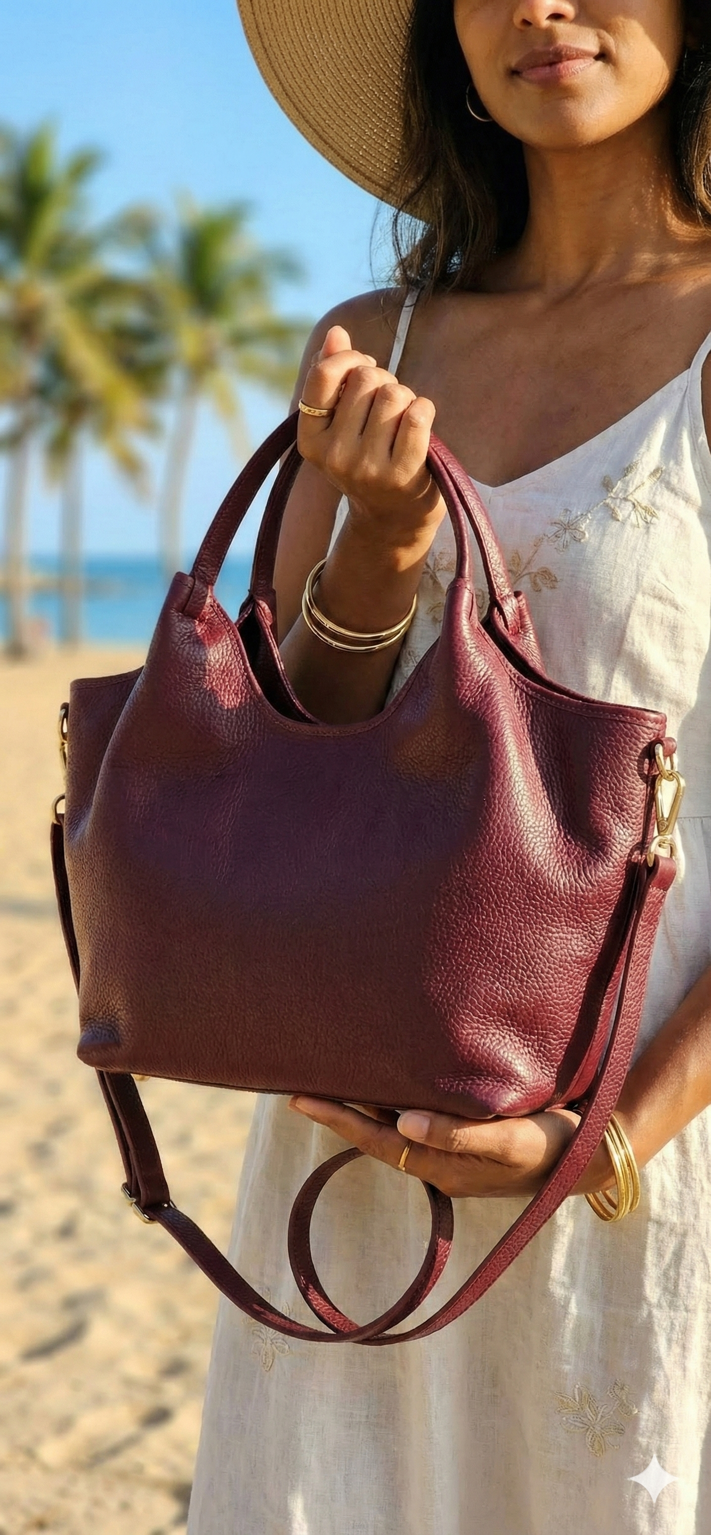 Vista lateral de cartera de cuero color vino modelo Vittoria mostrando su estructura y forma