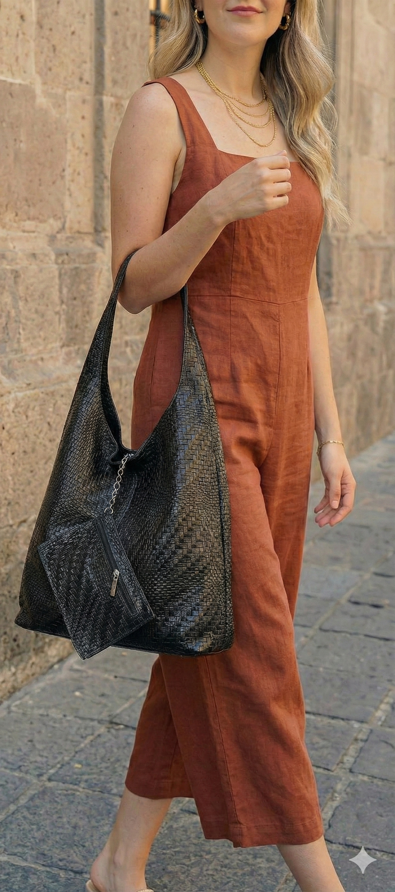 Cartera negra italiana de lujo posada sobre mesa con vista al atardecer
