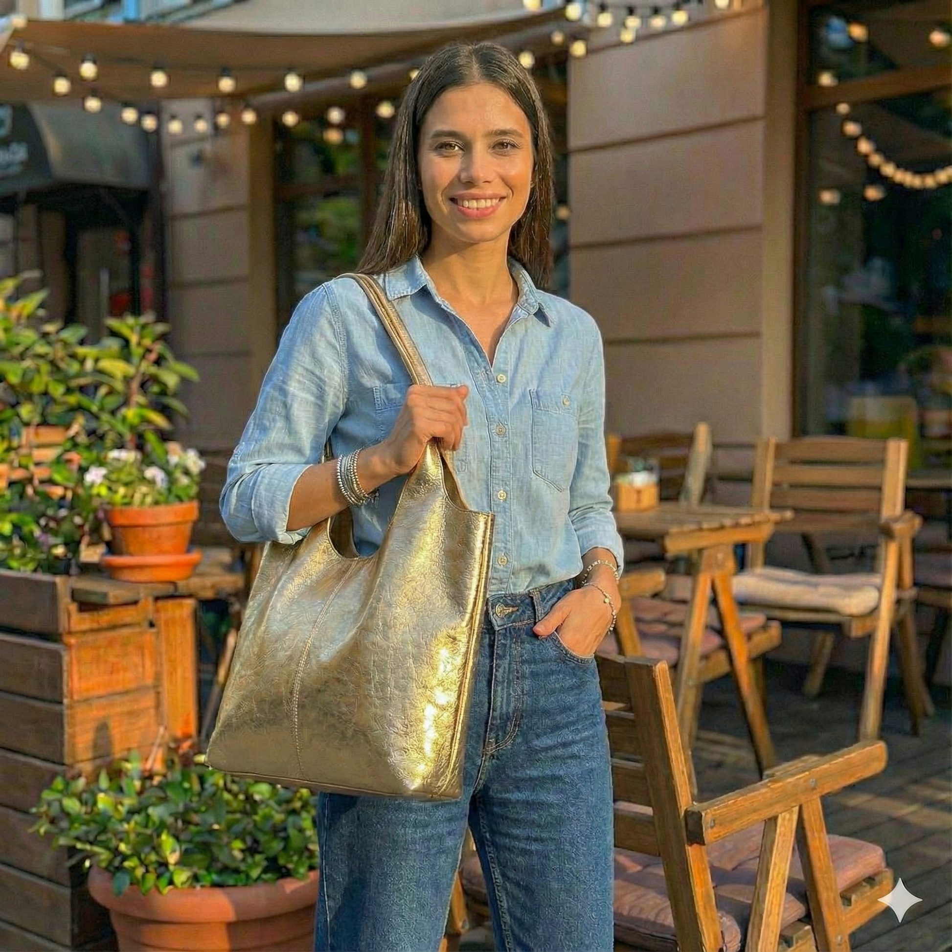 Mujer vistiendo camisa de jeans combinada con bolso tote dorado metalizado estilo urbano