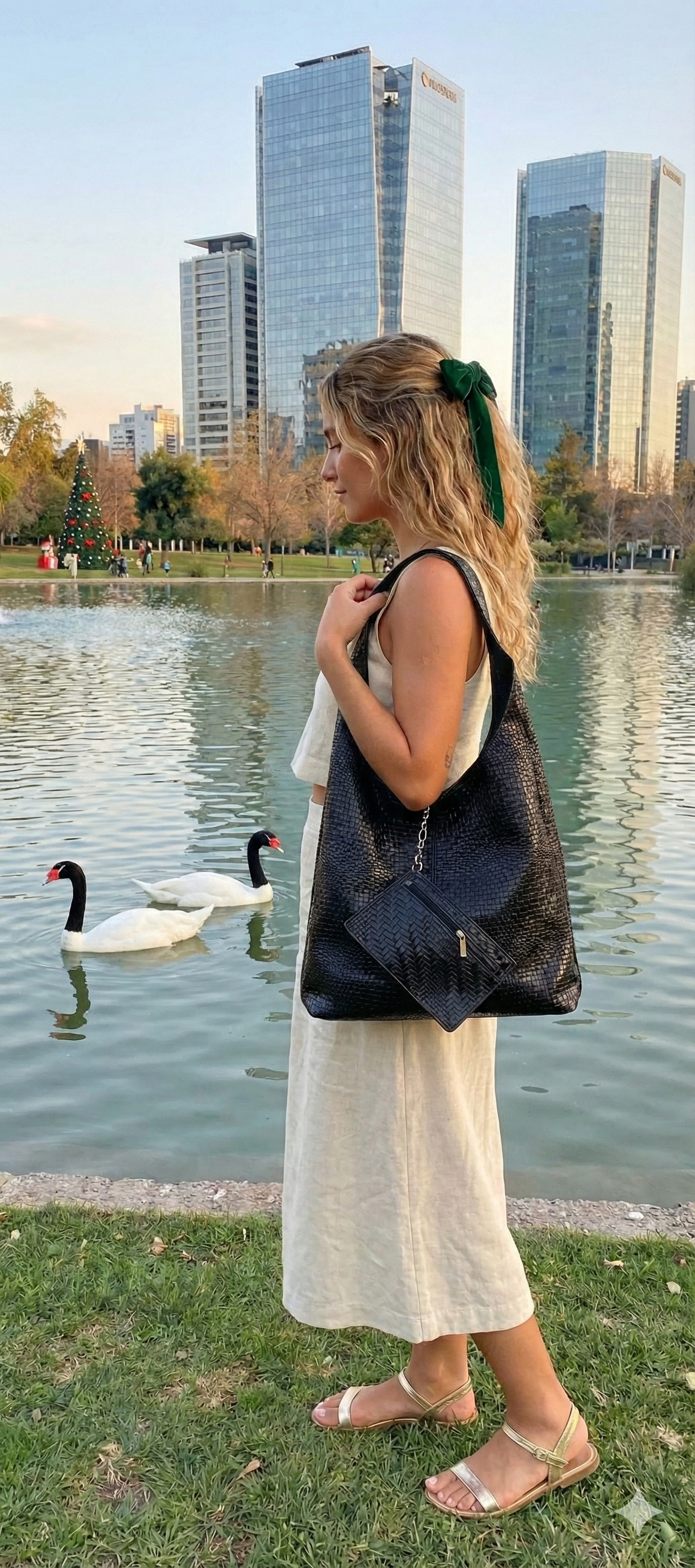 Mujer estilo casual con falda de jeans usando bolso negro grande de cuero suave
