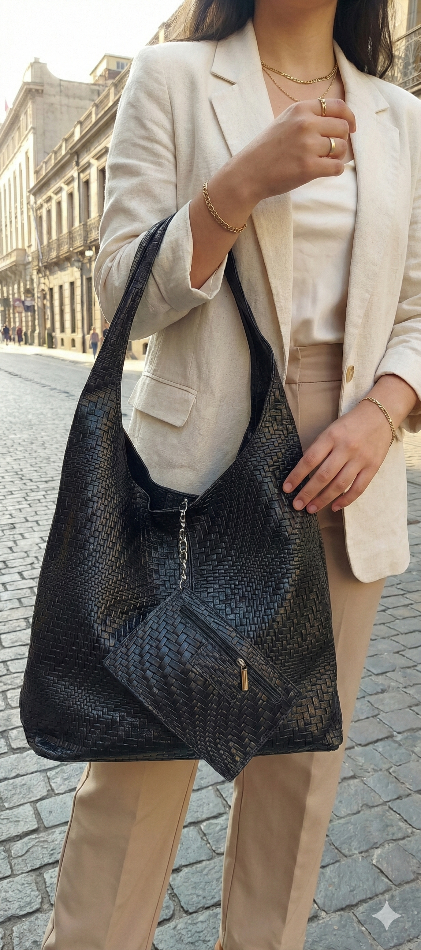 Mujer con blazer beige de oficina usando bolso shopper negro texturizado cuero italiano