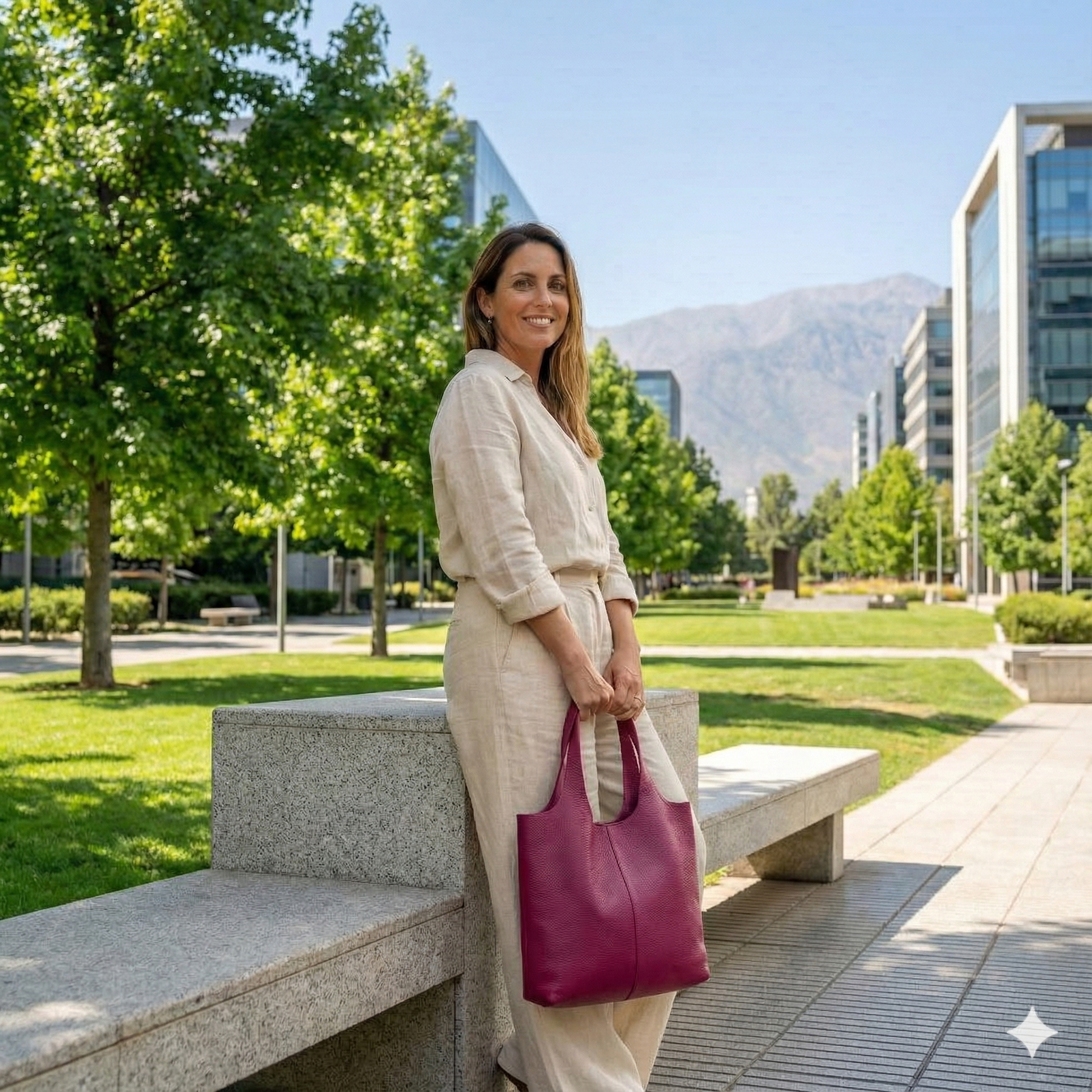 Outfit casual urbano en parque con bolso tote vertical rosa fuerte de cuero