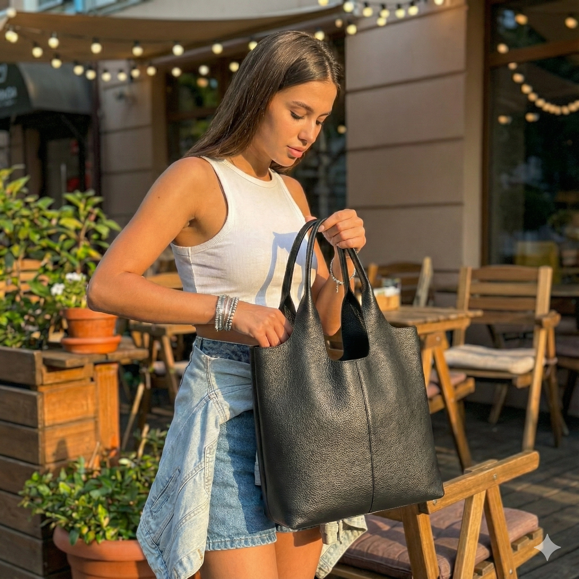 Outfit de verano con shorts de jean y bolso shopper negro vertical de cuero al hombro