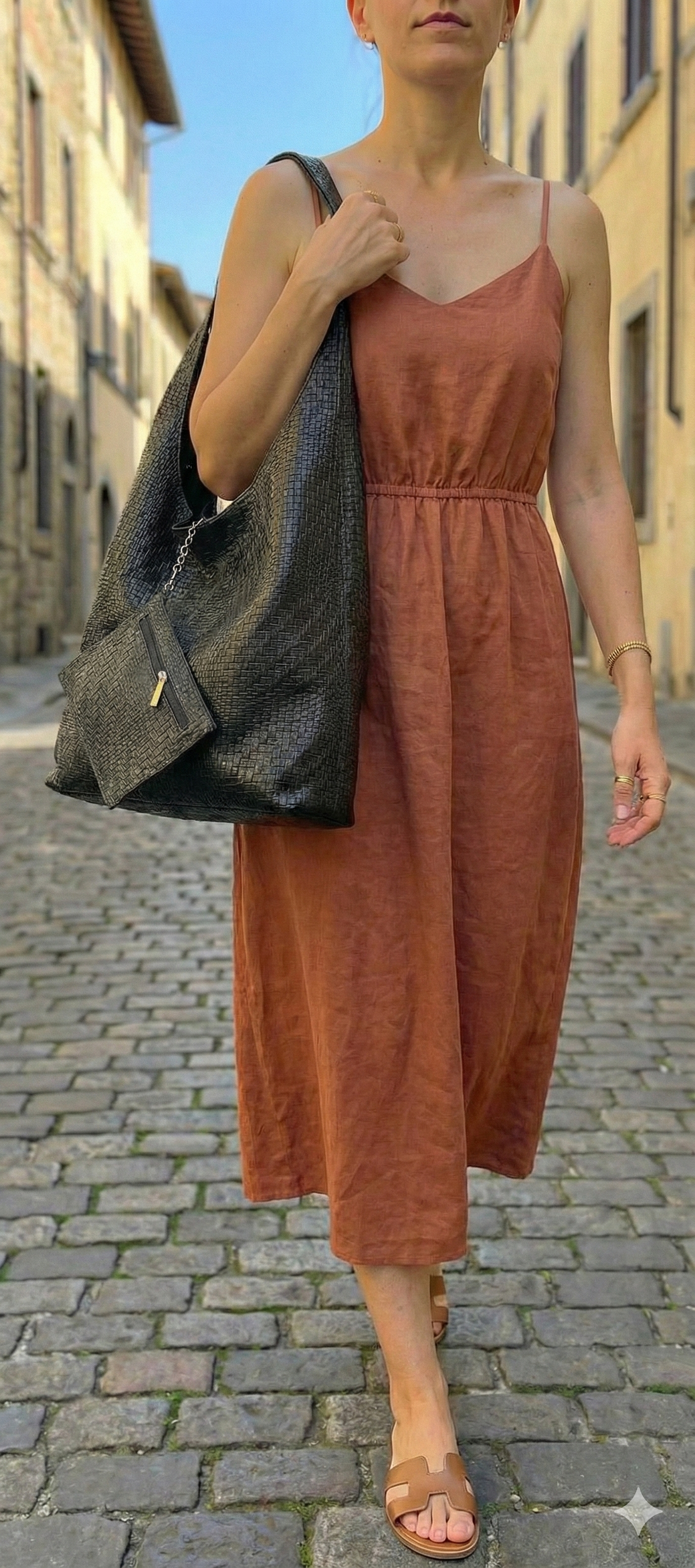 Outfit de verano vestido naranja combinado con bolso de hombro negro grande de cuero